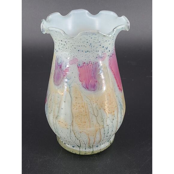 Maskarot Juda Hand Painted Multicolor Glass Vase Ruffled Edge - Picture 2 of 4